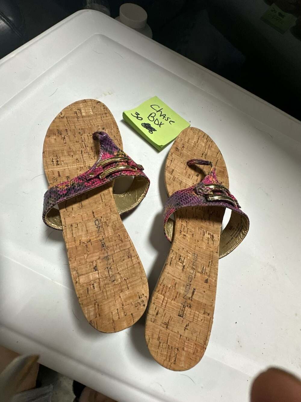 Bandolino Pink Multicolored Snake Print Cork Wedge Thong Sandals Size 9